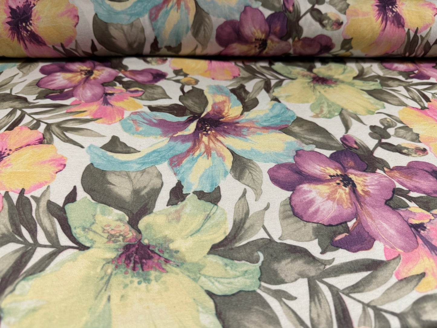 Soft handle stretch single jersey fabric, per metre - lily flower print - green & magenta