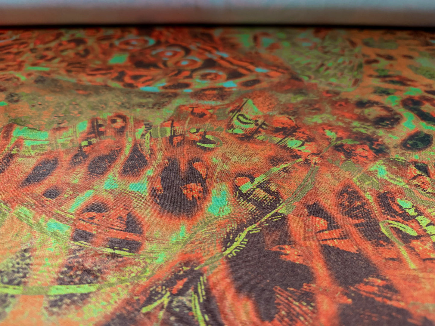 Stretch spandex single jersey ITY fabric, per metre - butterfly print - burnt orange & green