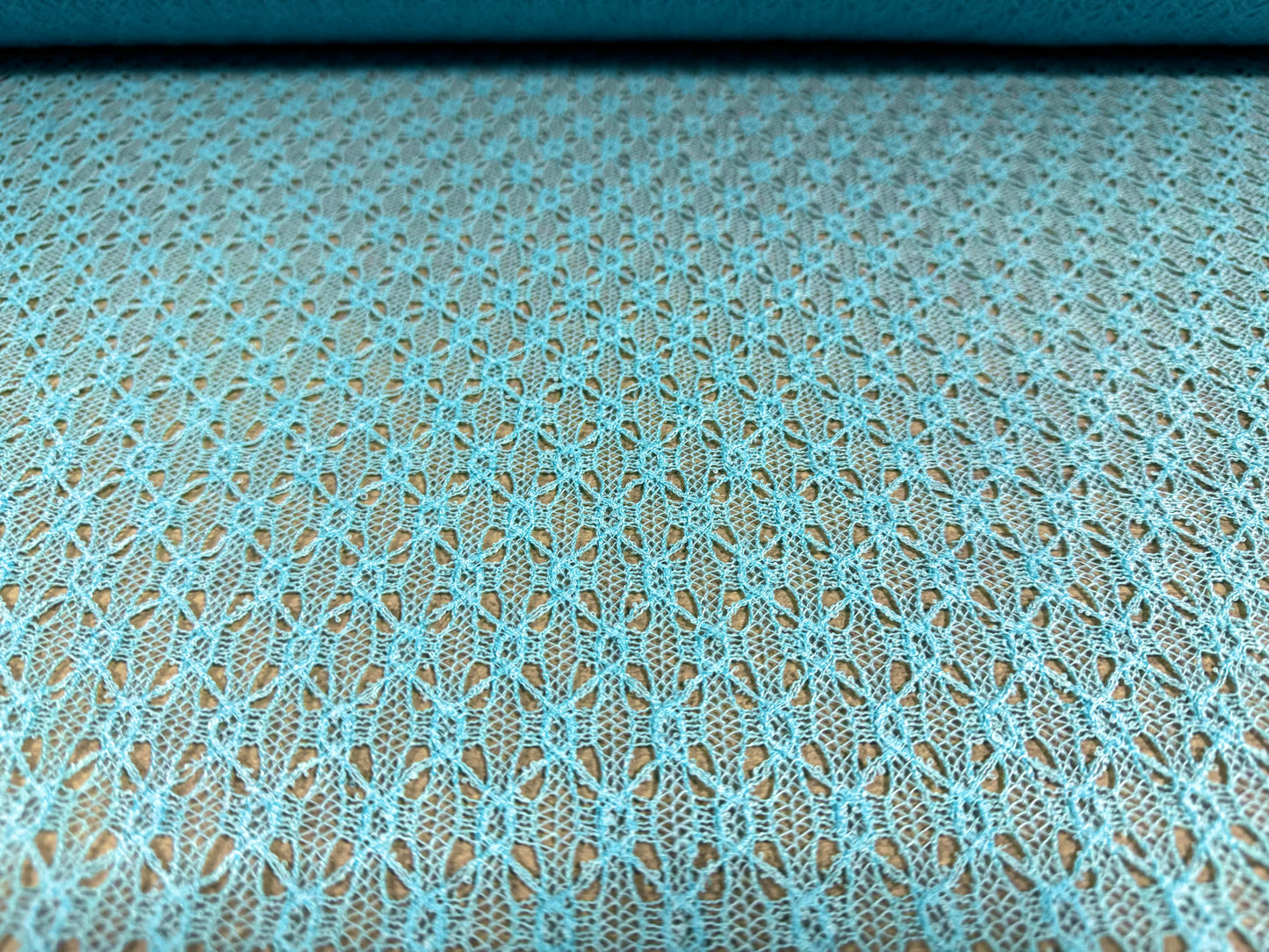 Crochet knit lace dress fabric, per metre - turquoise blue