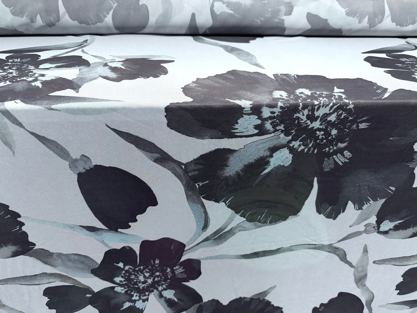 Power mesh net stretch spandex fabric, per metre - lily print - powder blue