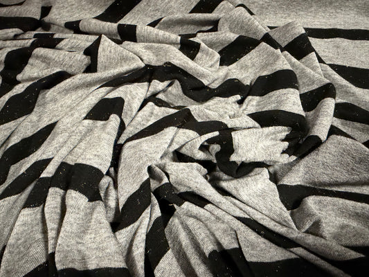 Metallic stretch viscose single jersey fabric, per metre - lurex stripe - grey marl & black with gold fleck