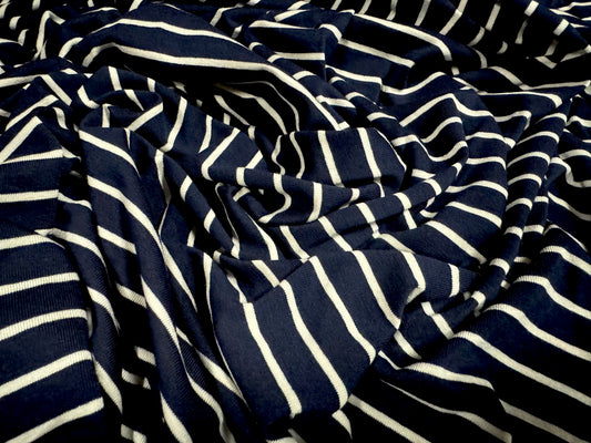 Viscose spandex stretch single jersey fabric, per metre - butcher’s stripe - dark navy & ivory