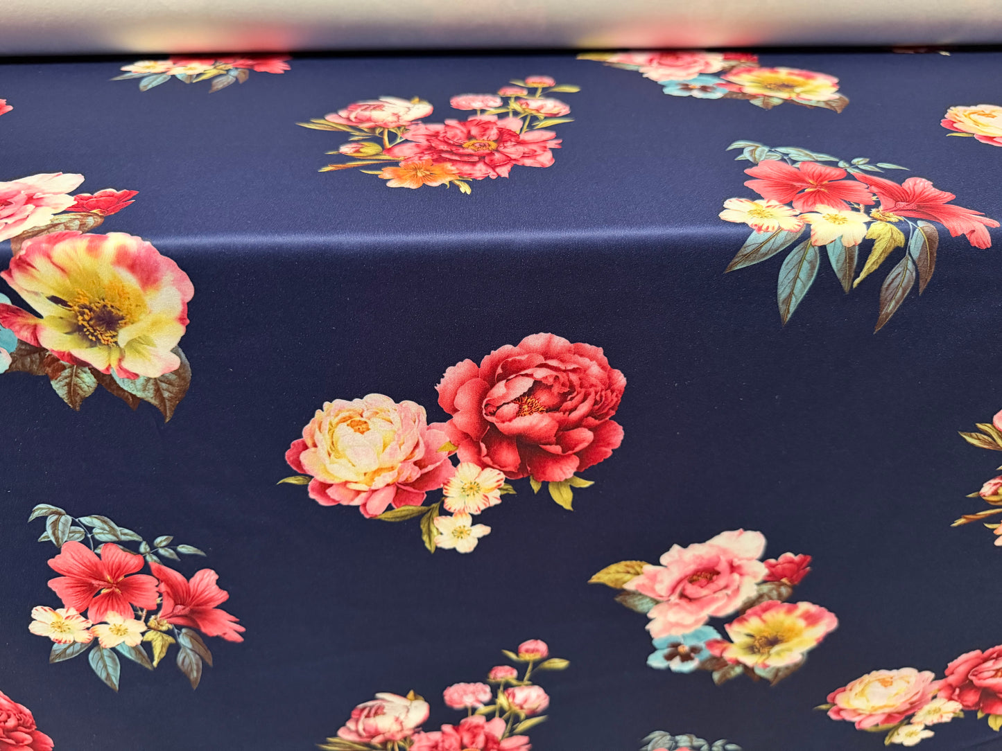 Scuba stretch spandex double jersey fabric, per metre - rose print - navy blue & pink