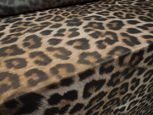 Power mesh net stretch spandex fabric, per metre - leopard print - brown & stone