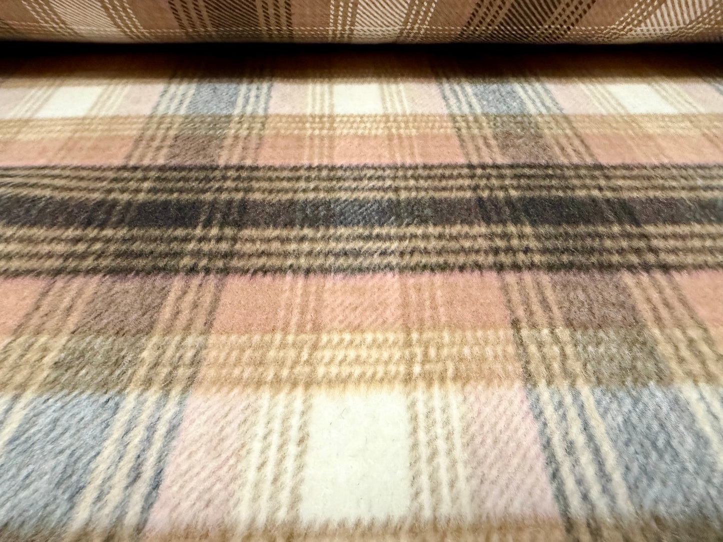 Wool flannel fabric, per metre - tartan check - dusky pink & caramel