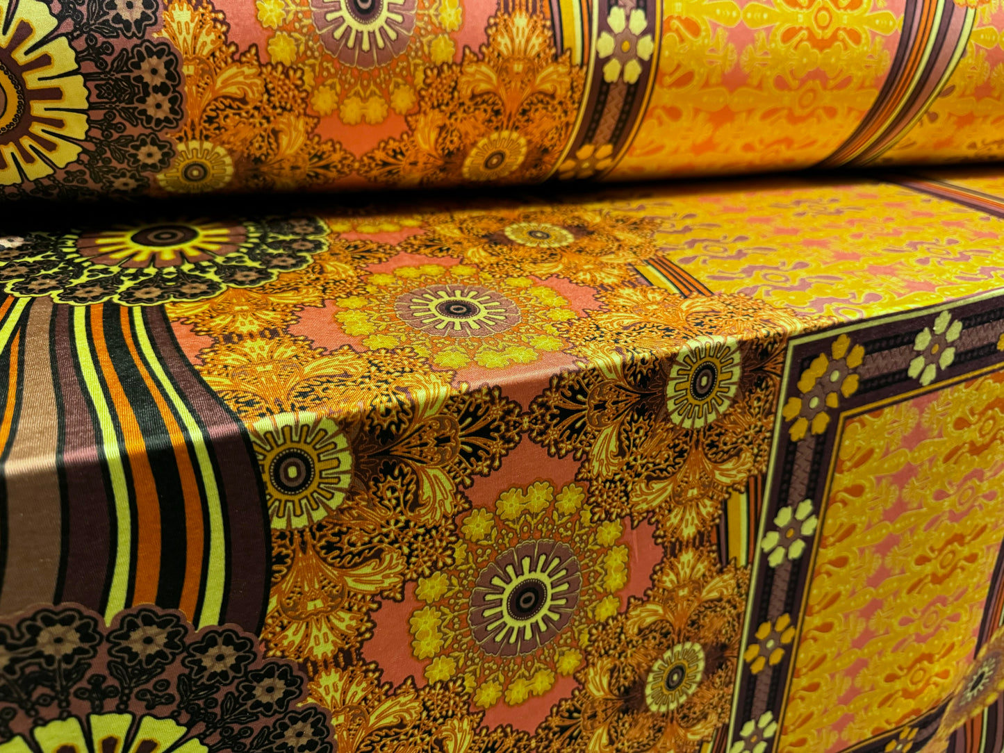 Soft touch stretch spandex single jersey fabric, per metre - retro floral print - gold purple & lime