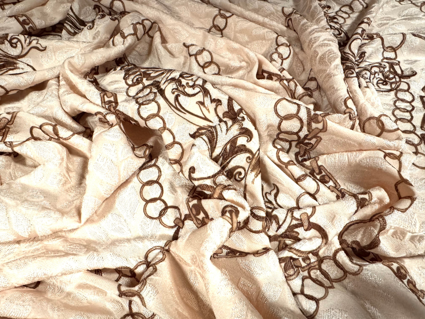 Stretch spandex jersey jacquard fabric, per metre - gold chains print - cream
