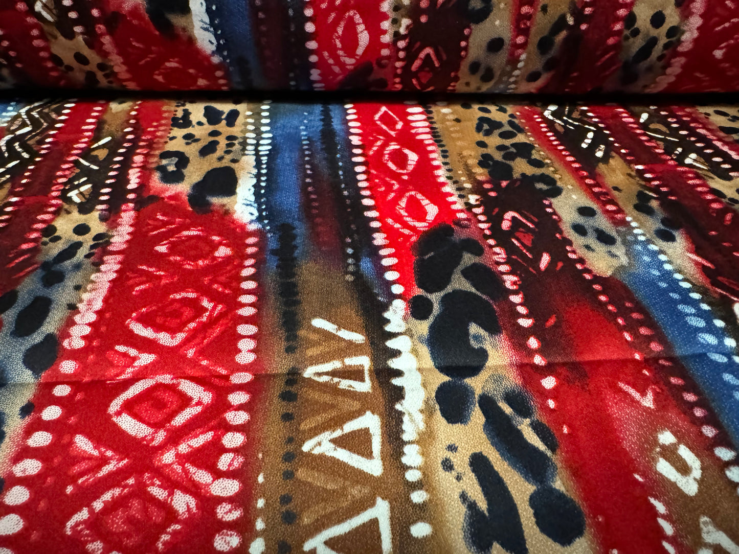 Cotton stretch sateen fabric, per metre - Aztec print - red brown & blue