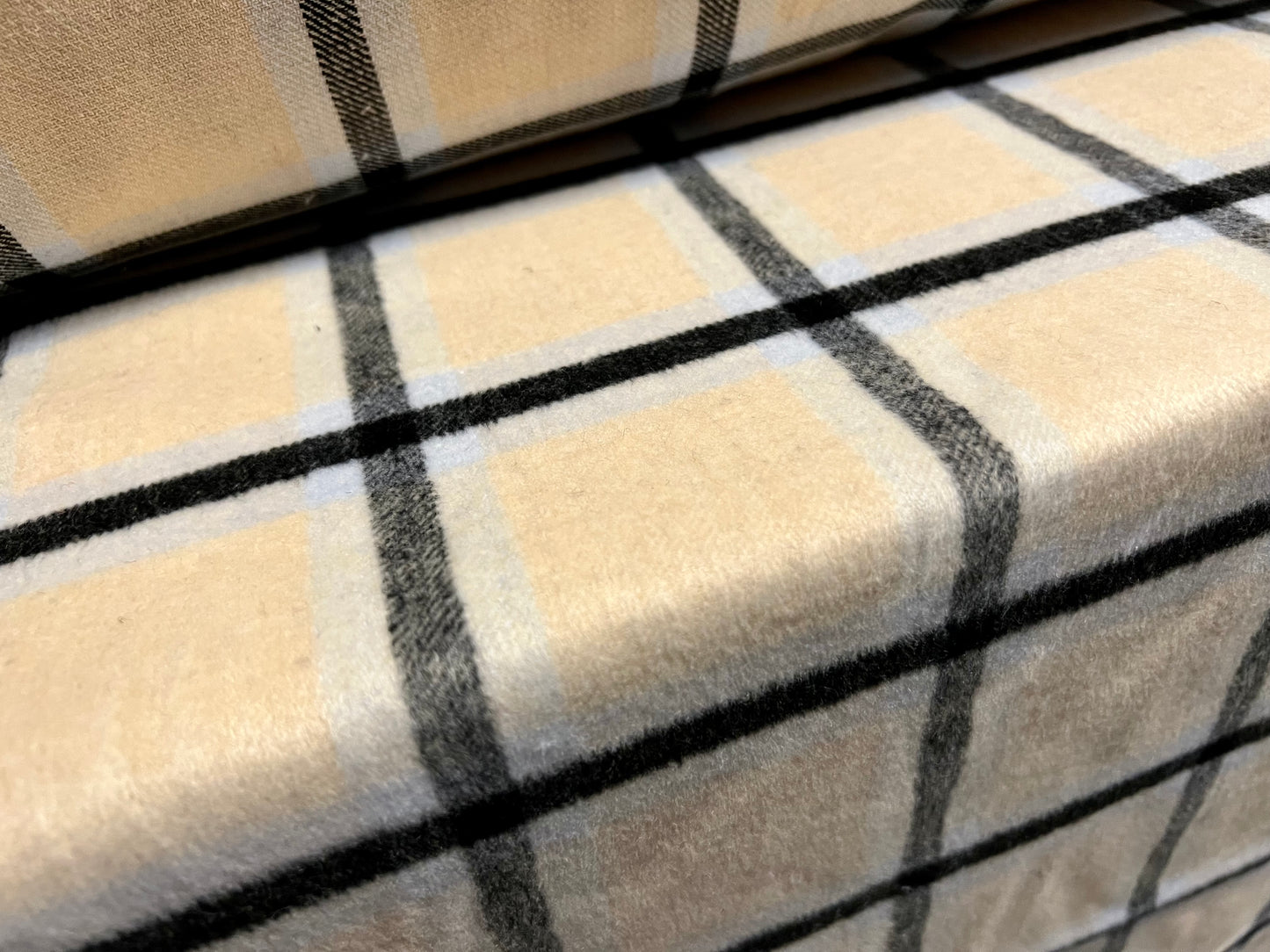 Wool mouflon coat jacket fabric, per metre - jumbo check plaid - beige sky blue & charcoal