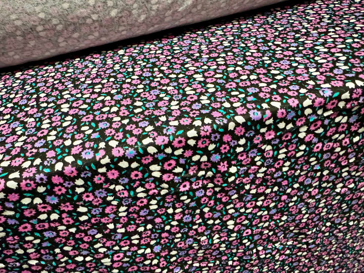 Viscose spandex stretch single jersey fabric, per metre - small flower ditsy print - black pink & lilac