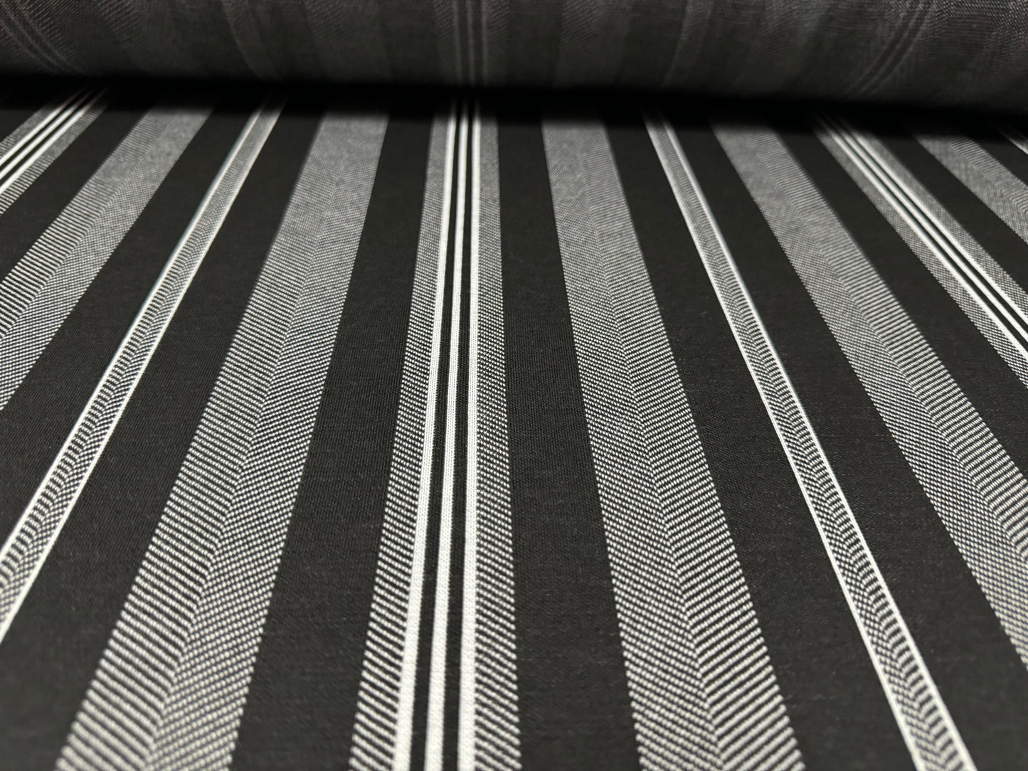 Stretch double jersey fabric, per metre - herringbone stripe - grey black & white