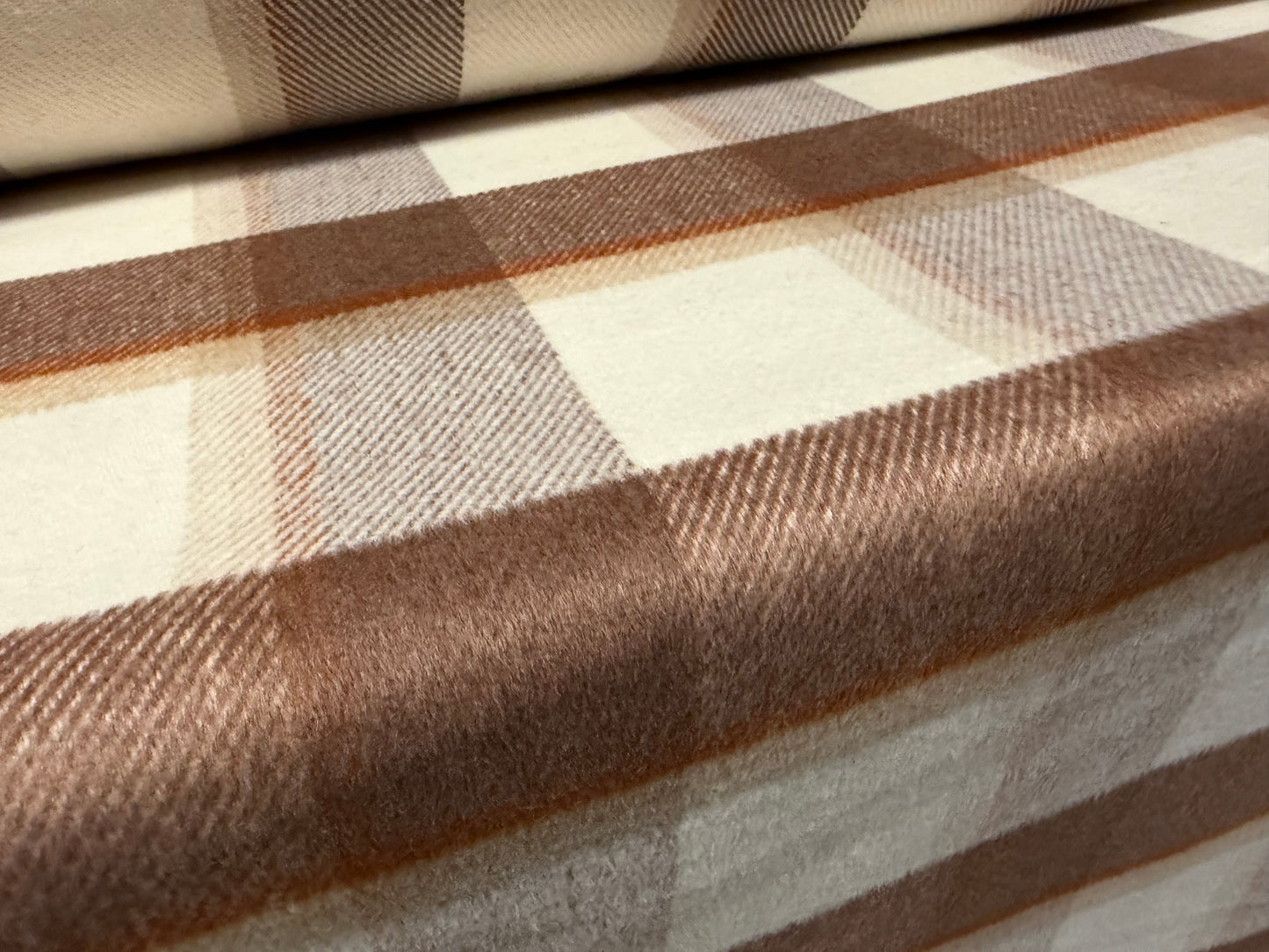 Heavyweight wool flannel coat jacket fabric, per metre - plaid check - brown & cream