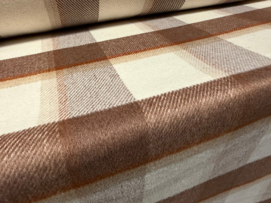 Heavyweight wool flannel coat jacket fabric, per metre - plaid check - brown & cream