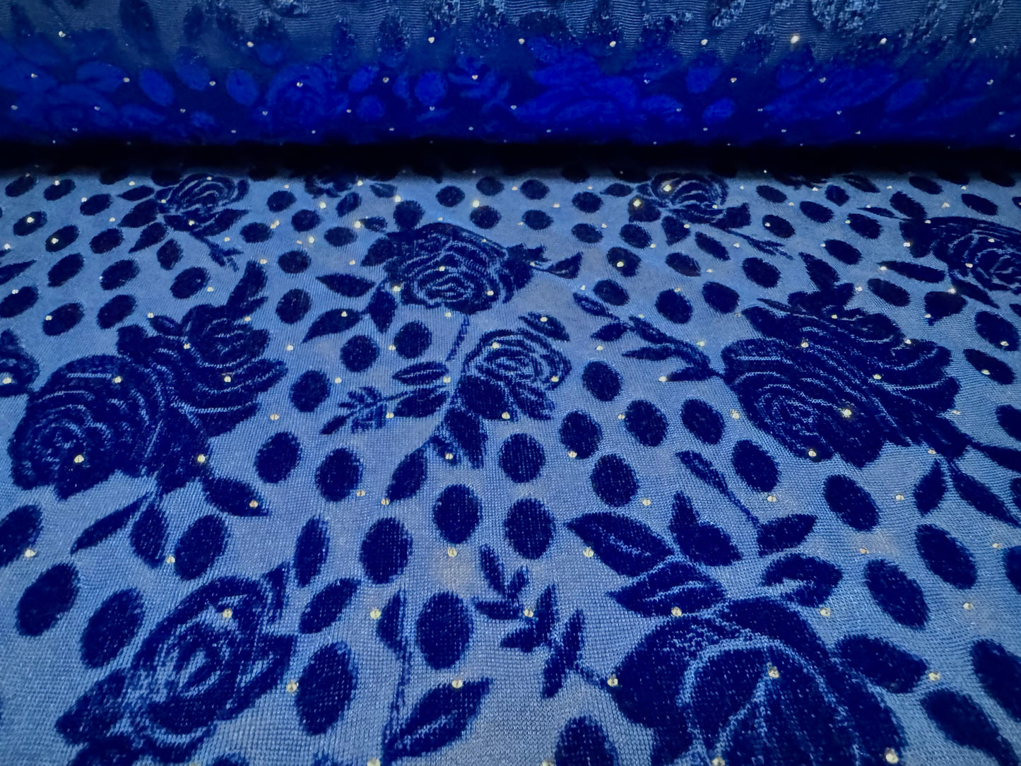 Devoré velour fabric with diamanté sparkle, per metre - floral - blue