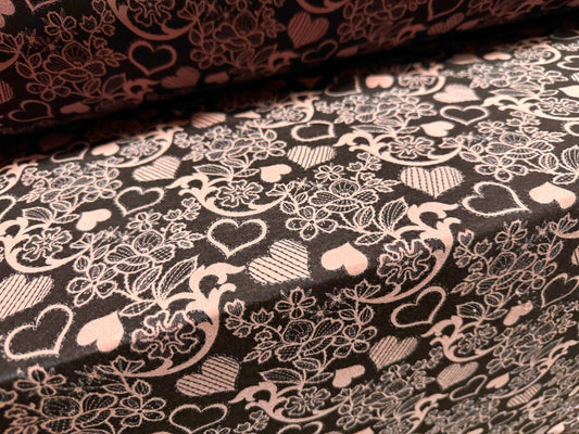 Swimwear stretch spandex jersey fabric, per metre - love hearts and flowers print - dusky pink & black