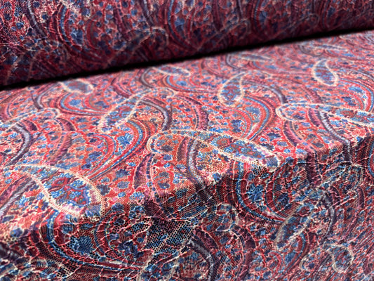 Stretch spandex lace fabric, per metre - paisley print - red & blue