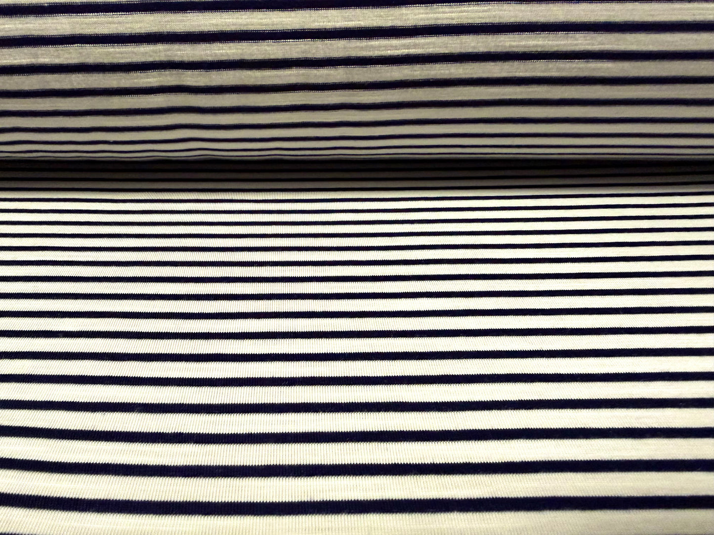 Viscose spandex stretch single jersey fabric, per metre - stripe - navy & ivory