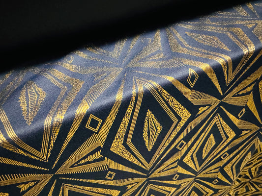 Scuba stretch spandex jersey fabric, per metre - navy with gold foil Egyptian style geometric print