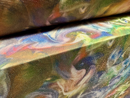 Metallic slinky spandex stretch jersey fabric with gold lurex, per metre - abstract swirl print - multicolour