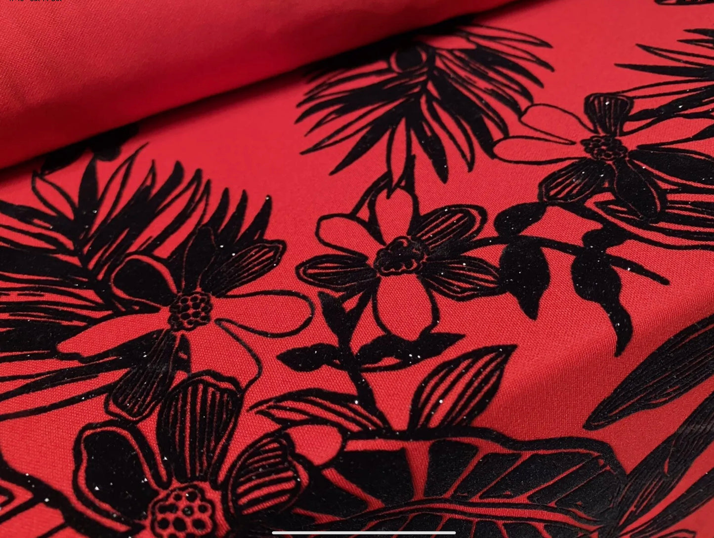 Stretch spandex double jersey fabric, per metre - jungle leaf print with glitter sparkle - red & black