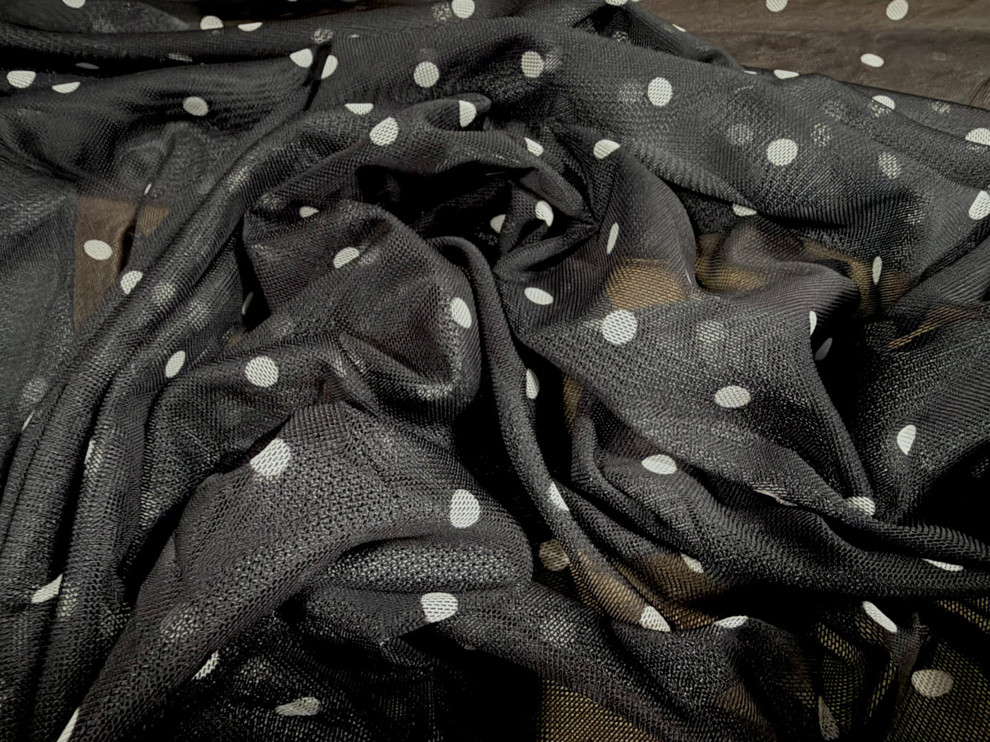 Power mesh net stretch spandex fabric, per metre - spots print - black & white