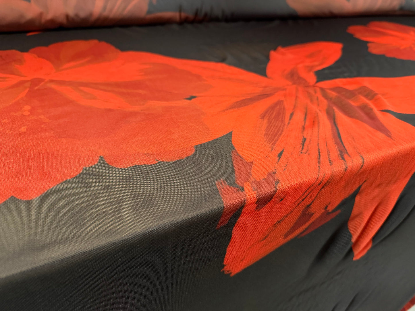 Power mesh net stretch spandex fabric, per metre - giant lily print - black & red