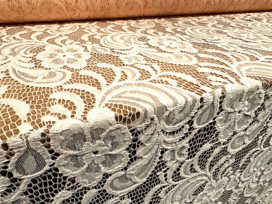 Soft stretch lace dress fabric, per metre - scalloped selvedge - flower design - peach