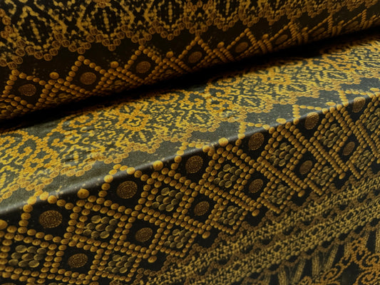 Swimwear stretch spandex jersey fabric, per metre - beaded mandala print - dark gold & brown