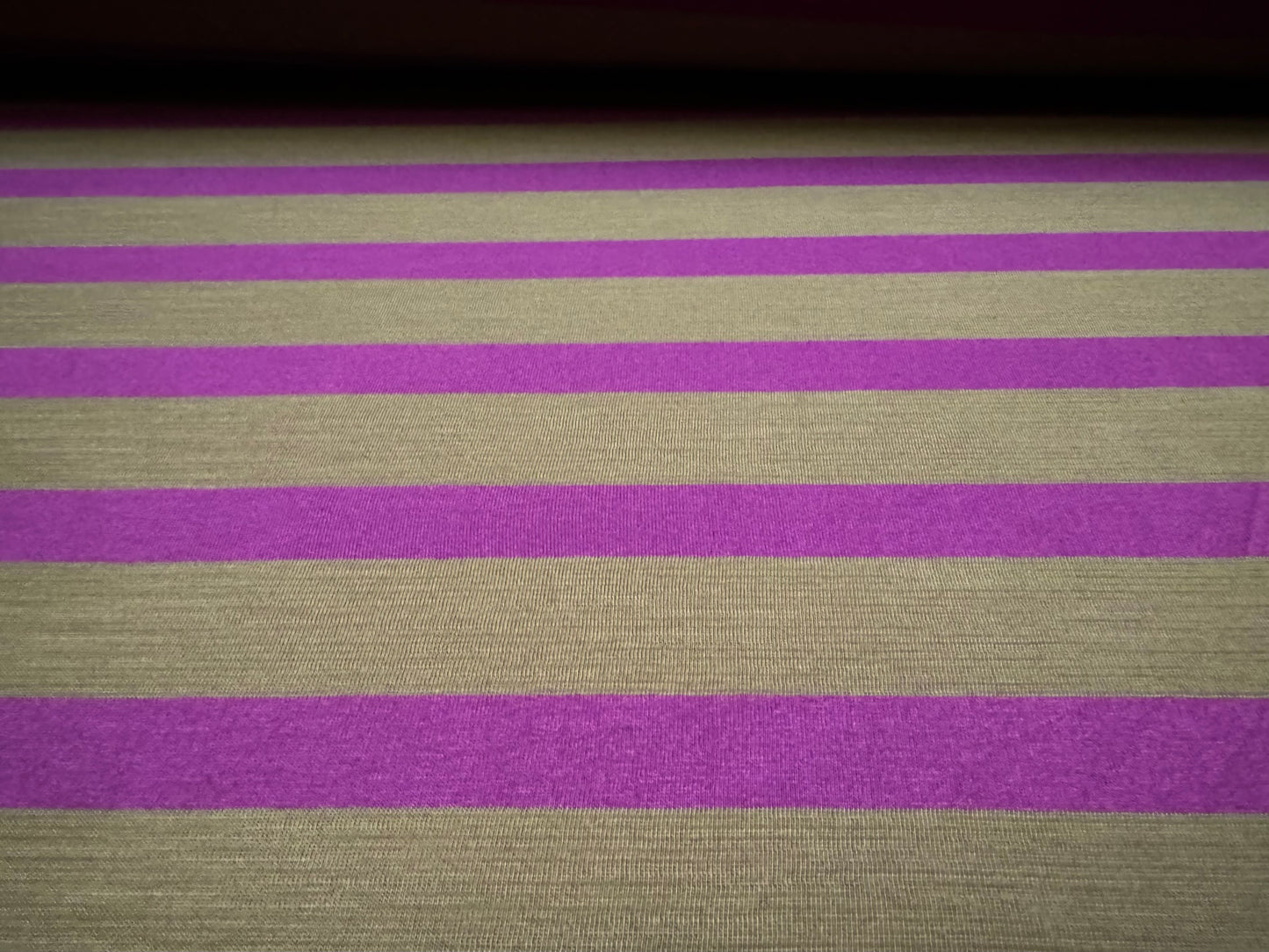 Stretch single jersey fabric, per metre - slubbed stripe - khaki & deep magenta