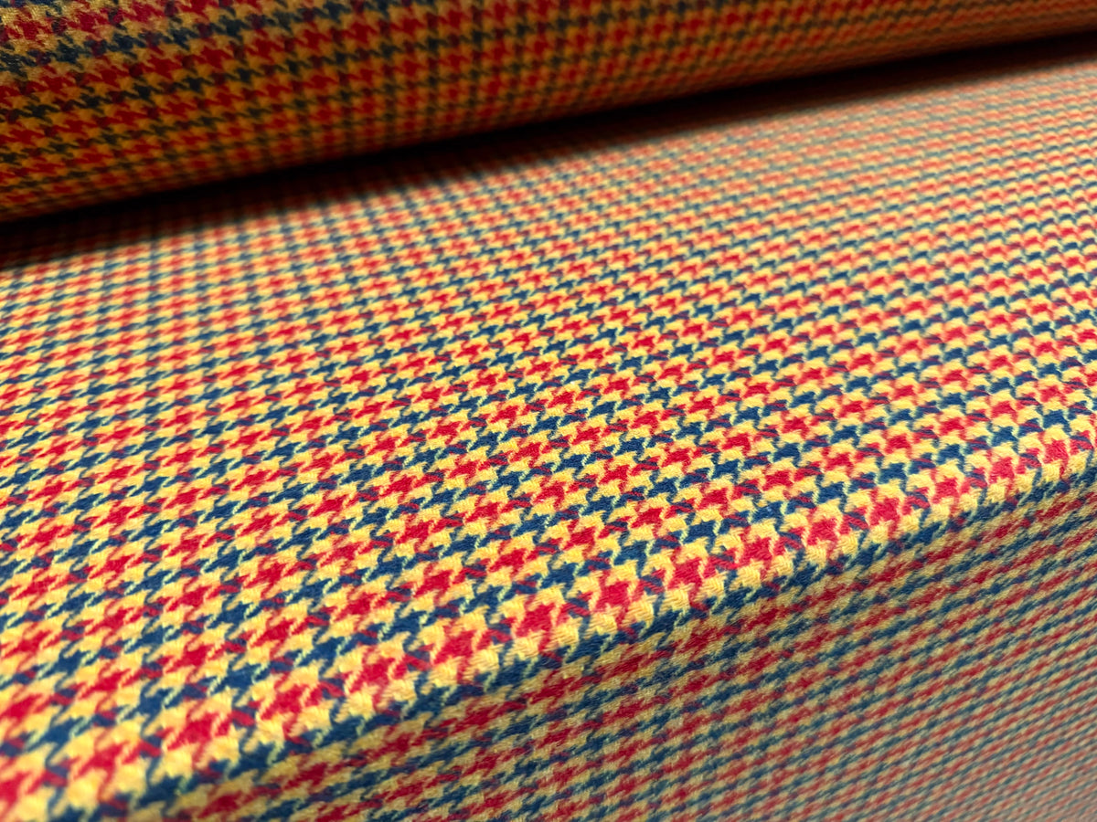 Wool flannel coat jacket fabric, per metre - dogtooth - red blue & gold
