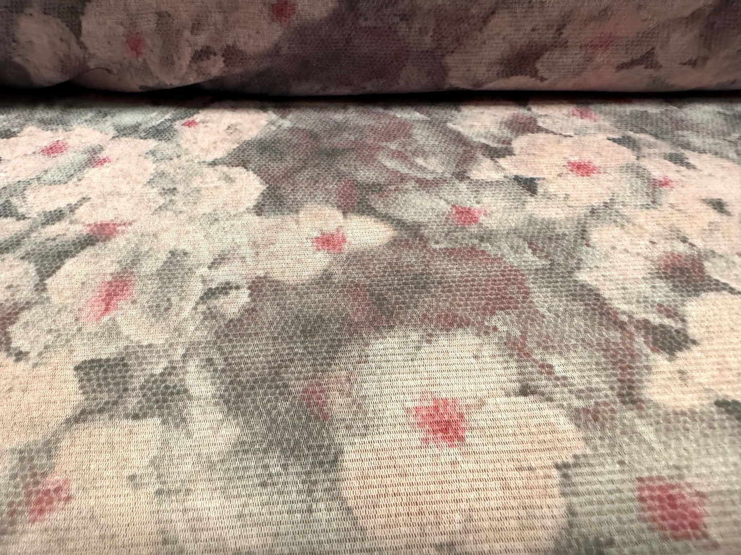 Stretch helenca mesh fabric, sheer, per metre - flowers print - grey & pink