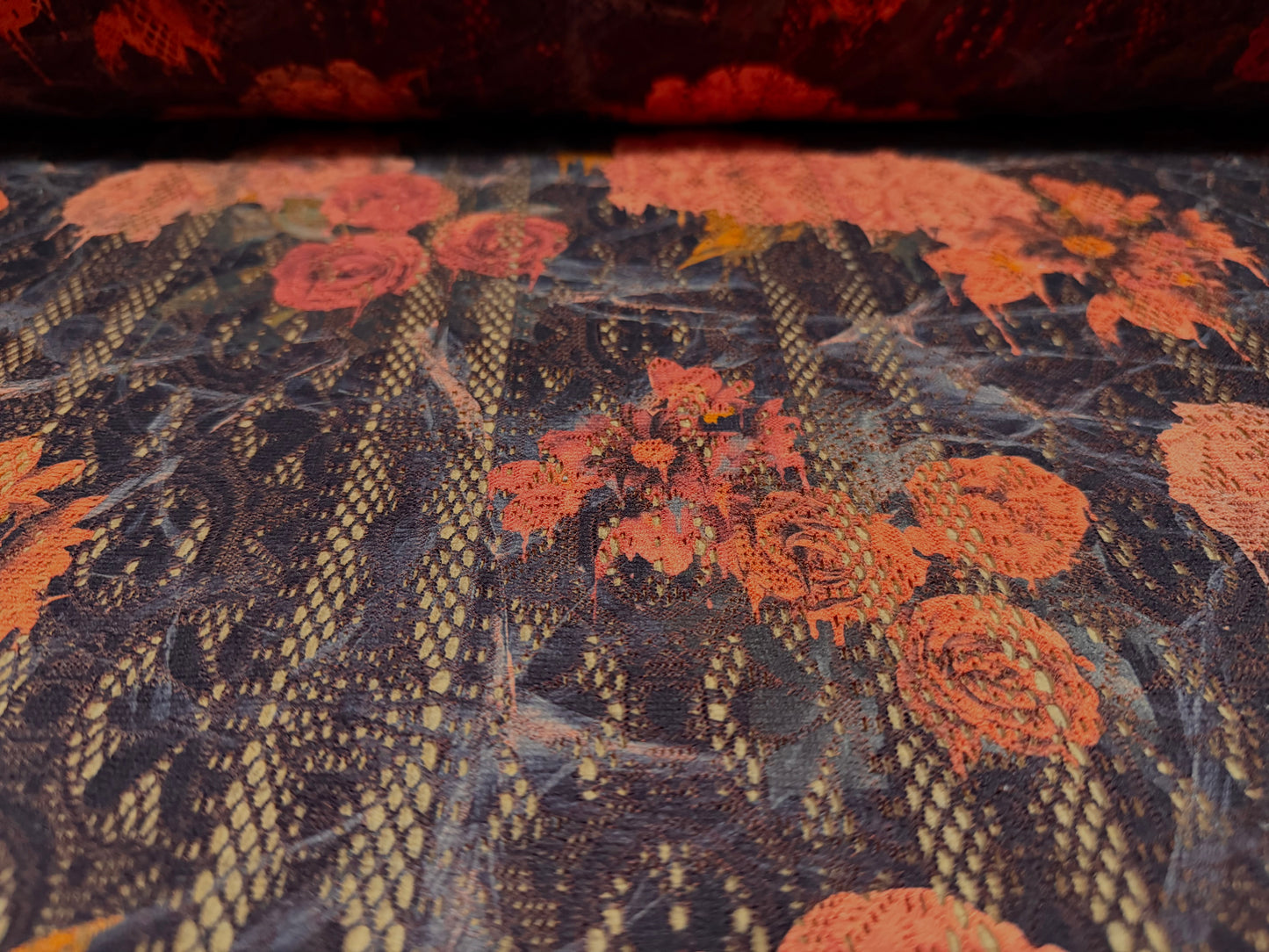 Soft handle crochet lace knit fabric, per metre - rose print - darkest purple & coral