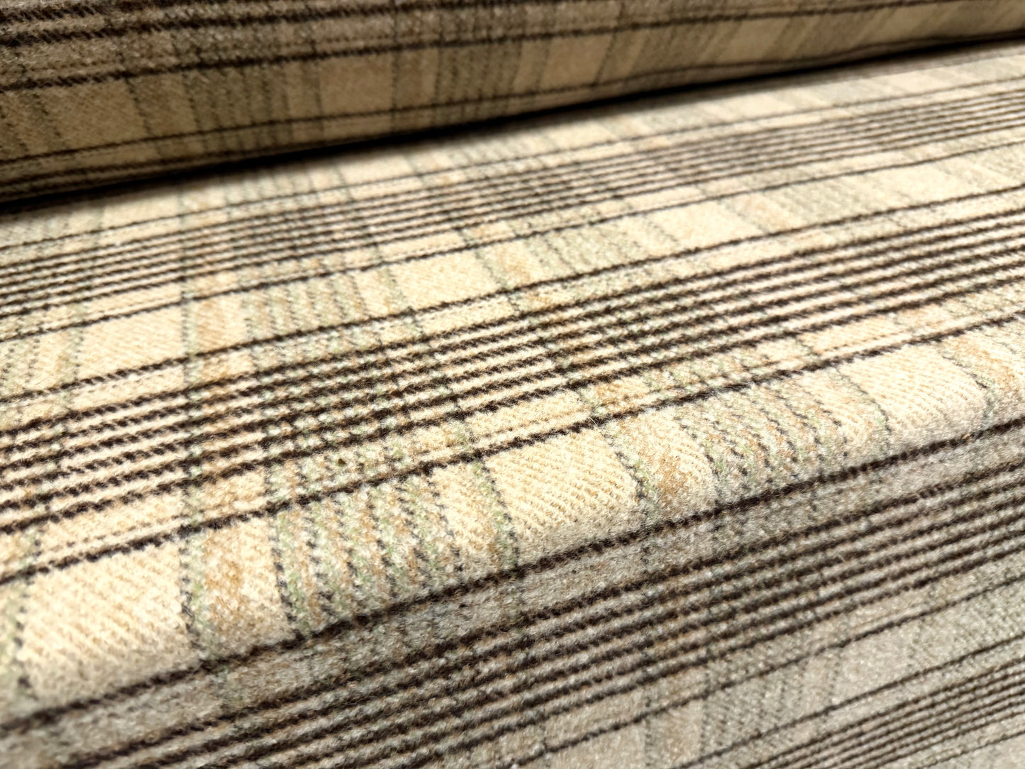 Heavyweight wool flannel brushed coat jacket fabric, per metre - plaid - beige sage & brown
