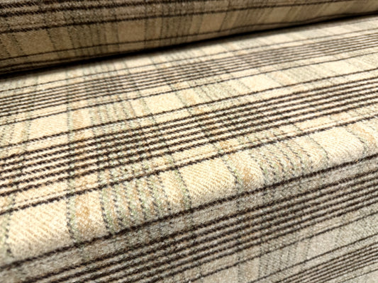 Heavyweight wool flannel brushed coat jacket fabric, per metre - plaid - beige sage & brown