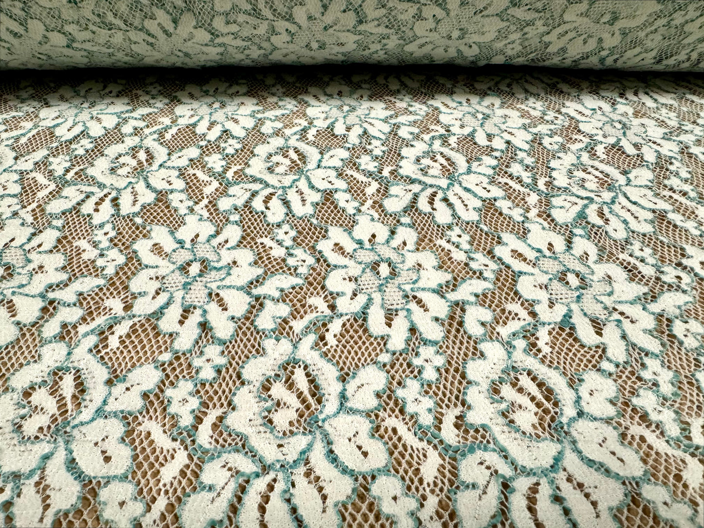 Stretch lace fabric, per metre - floral design - mint green & ivory