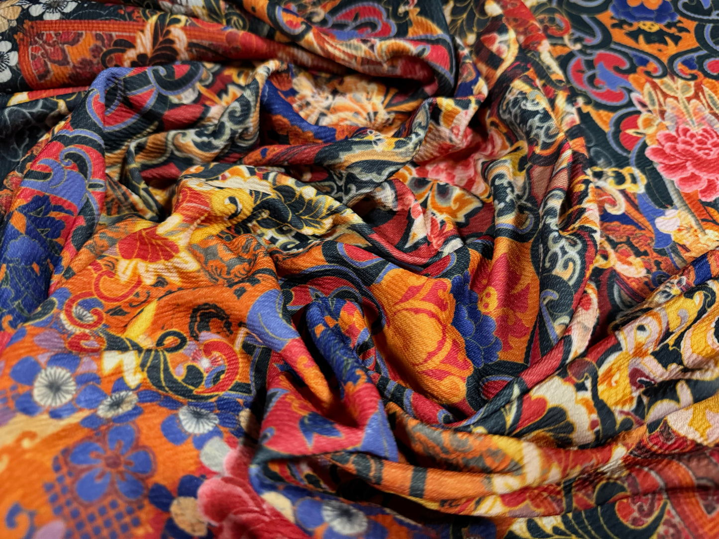 Scuba textured ‘Liverpool’ stretch spandex jersey fabric, per metre - Modern Damask print - orange & blue