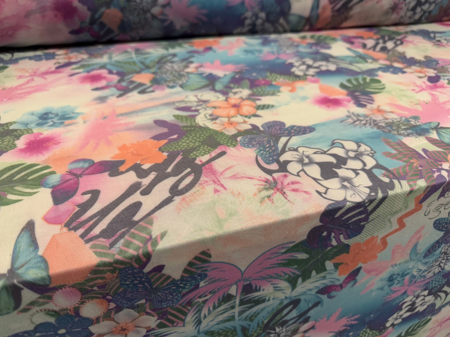 Power mesh net stretch spandex fabric, per metre - tropical garden print - lilac pink & blue
