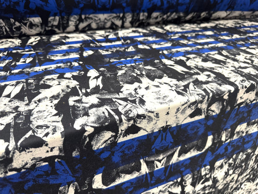 Stretch spandex interlock jersey fabric, per metre - stripes on abstract print - blue black & white
