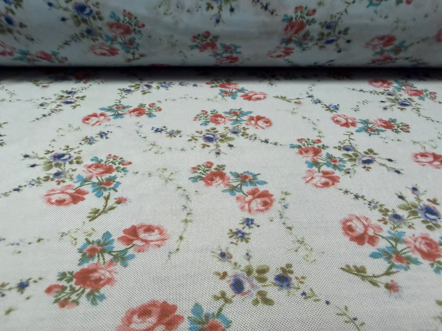 Power mesh net stretch spandex fabric, per metre - rambling rose print - sky blue