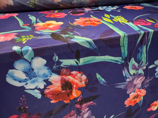Power mesh net stretch spandex fabric, per metre - orchid flower print - ultramarine