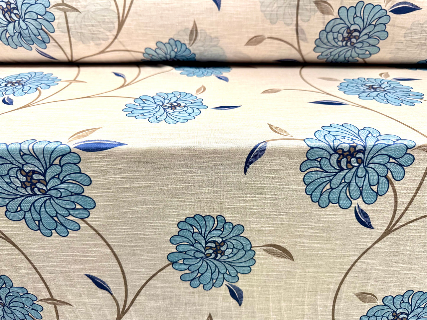 Soft handle slub single jersey fabric, per metre - flower print - cream & sky blue