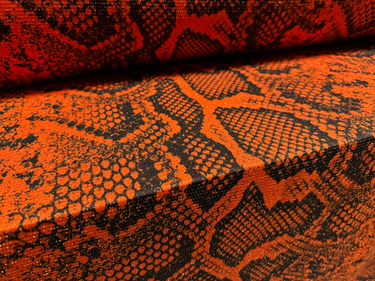 Metallic slinky spandex stretch jersey fabric with gold lurex, per metre - snakeskin animal print - orange