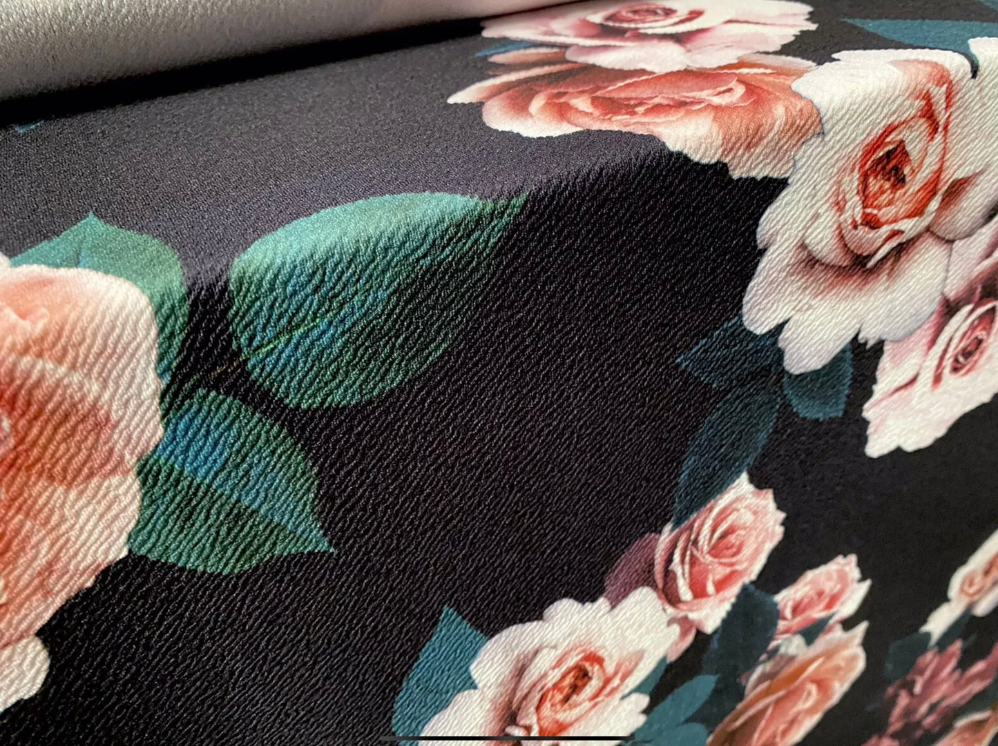 Scuba textured ‘Liverpool’ stretch spandex jersey fabric, per metre - roses print - black