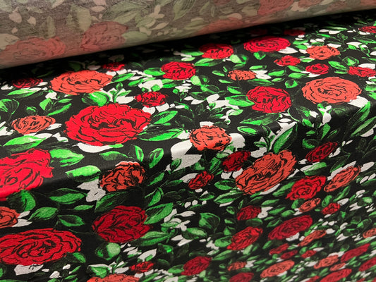 Viscose spandex stretch single jersey fabric, per metre - rose flower print - black red & green