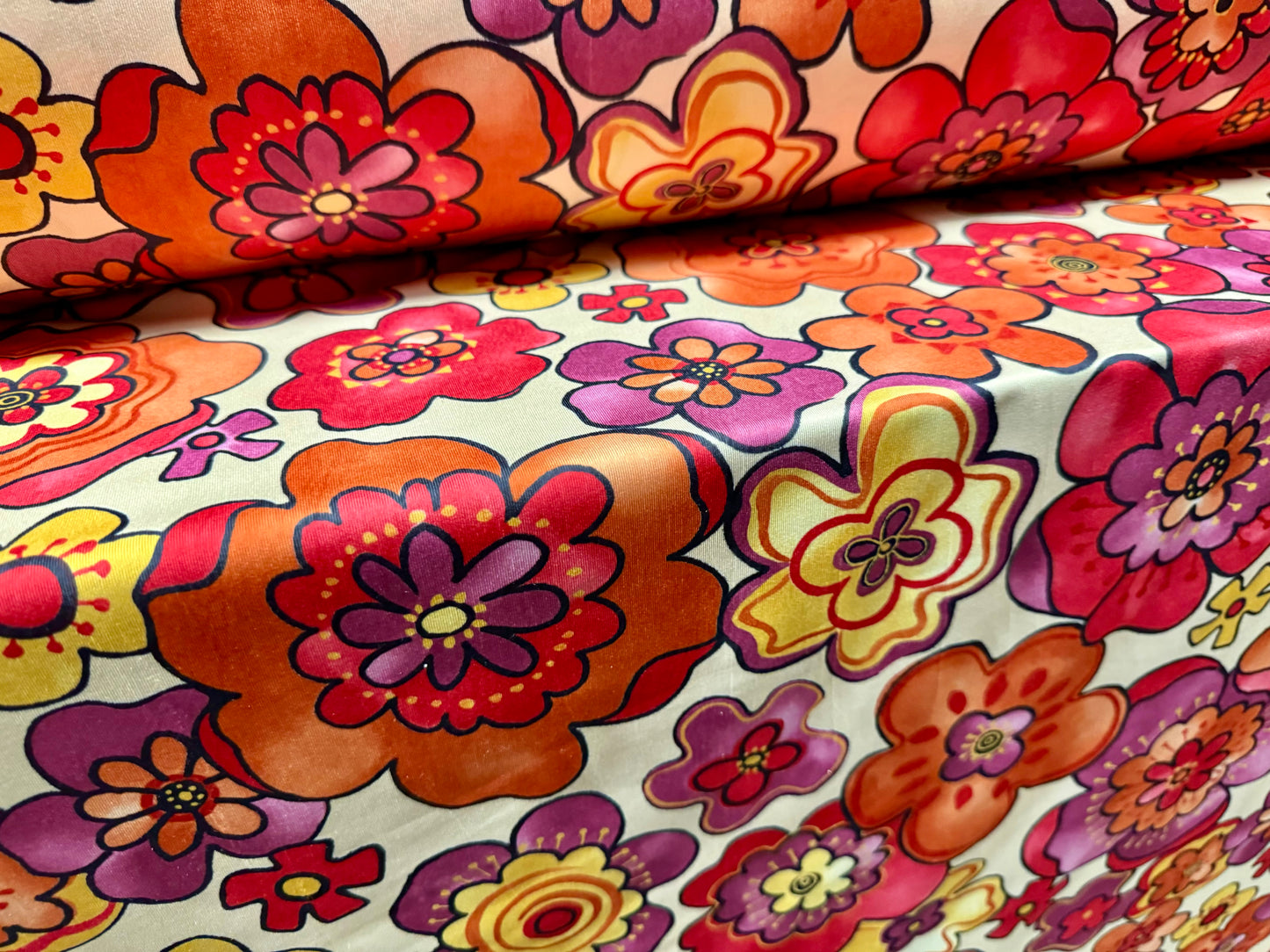 DTY stretch spandex single jersey fabric, per metre - retro flower print- cream pink & orange