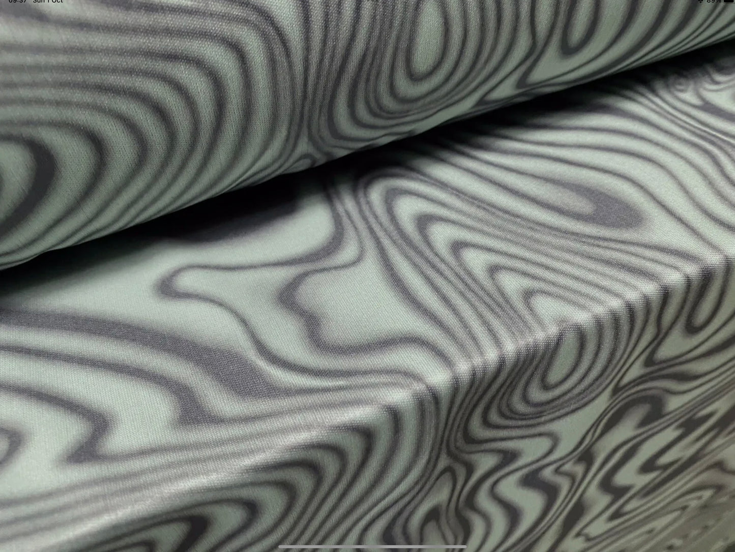 Single jersey fashion fabric, per metre - retro swirl print - sage & olive green