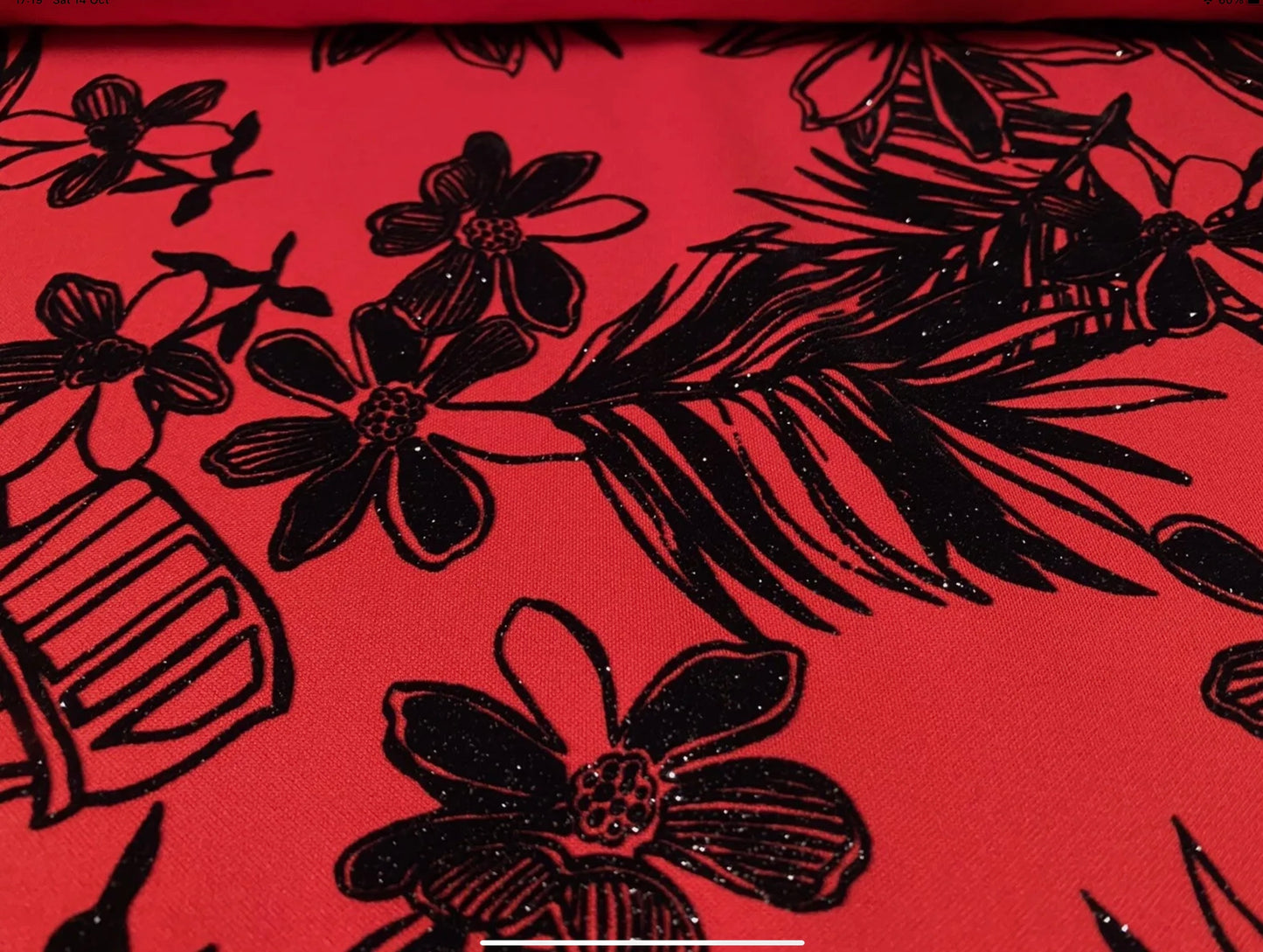 Stretch spandex double jersey fabric, per metre - jungle leaf print with glitter sparkle - red & black