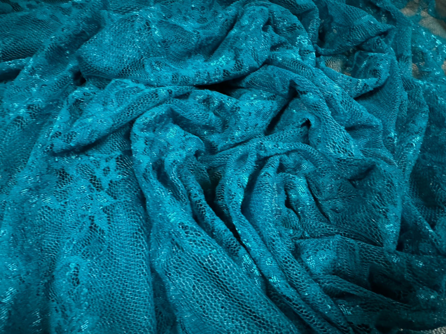 Stretch spandex mesh lace net fabric, per metre - floral pattern - dark turquoise blue