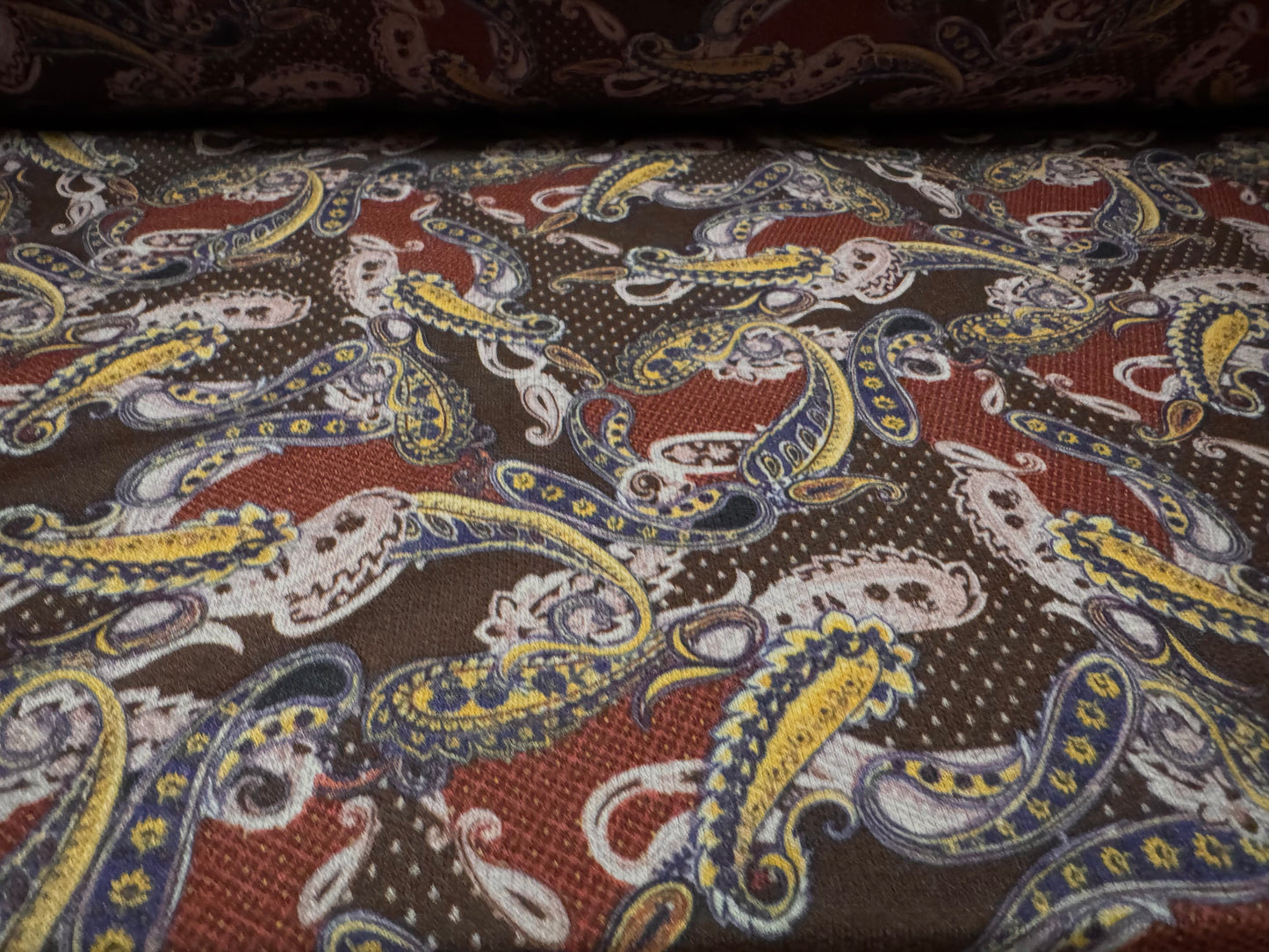 French Terry soft loopback jersey fabric, per metre - paisley print - wine & brown