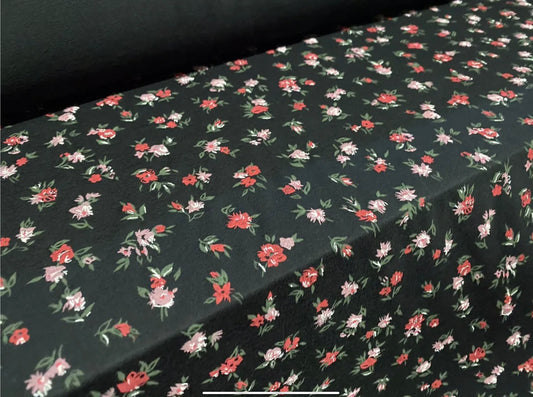 Viscose spandex stretch single jersey fabric, per metre - ditsy flower print - black lavender & red